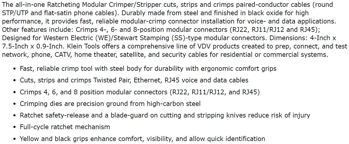 לוחץ מקצועי למחברי תקשורת KLEIN TOOLS VDV226-011-SEN TEXT